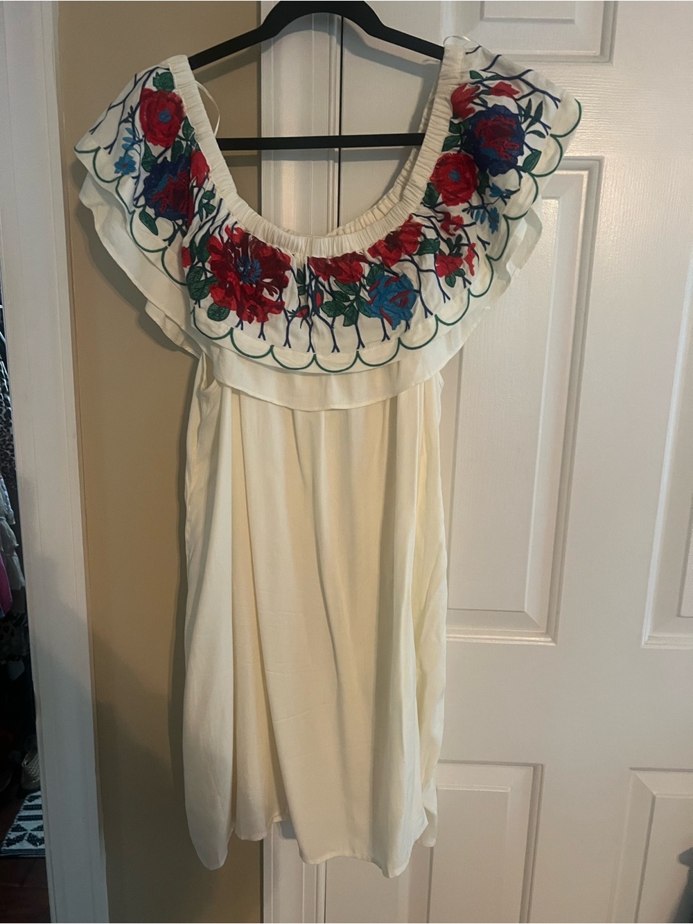 Umgee Cream Off-Shoulder Midi Dress with Red & Blue Floral Embroidery